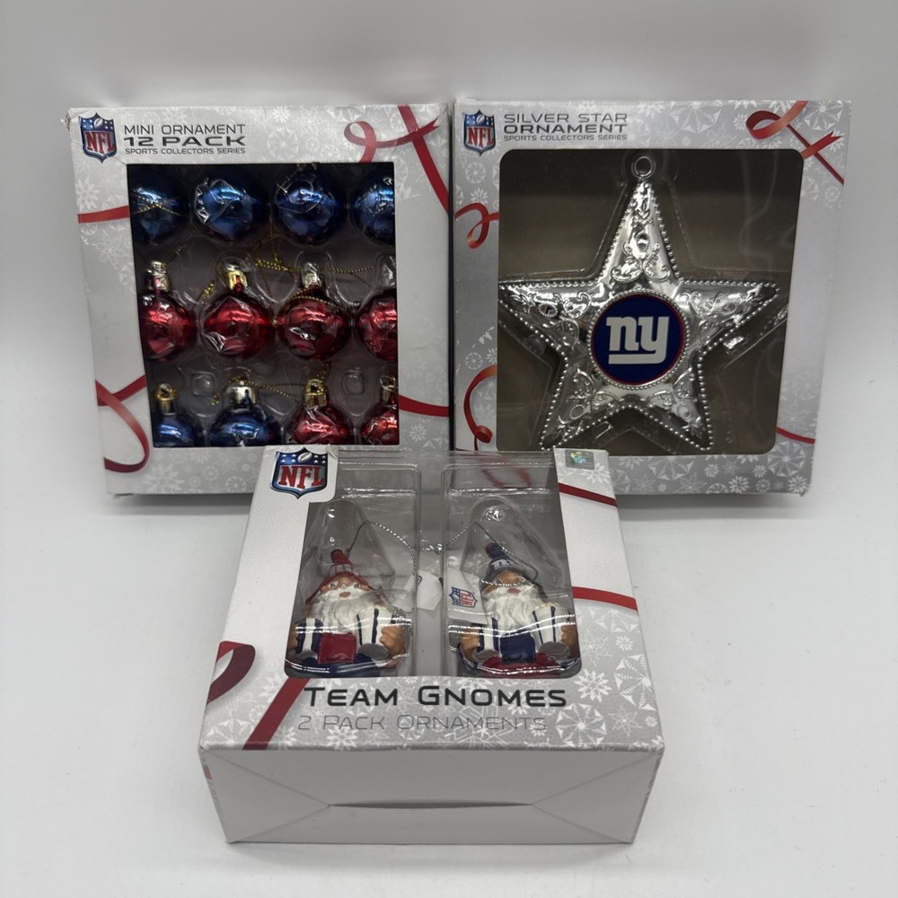 New York Giants NFL Christmas Ornaments Lot of 3 Mini Balls Silver Star Gnomes